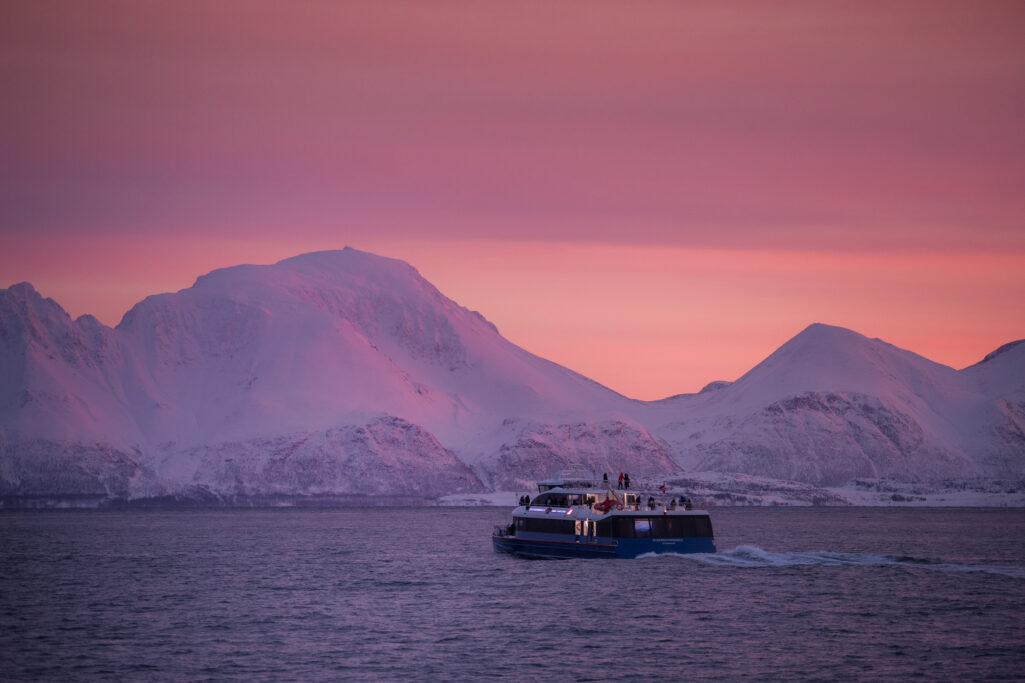 Fargerik sol oppgang under en hvalsafari tur med Katamaran i Tromsø