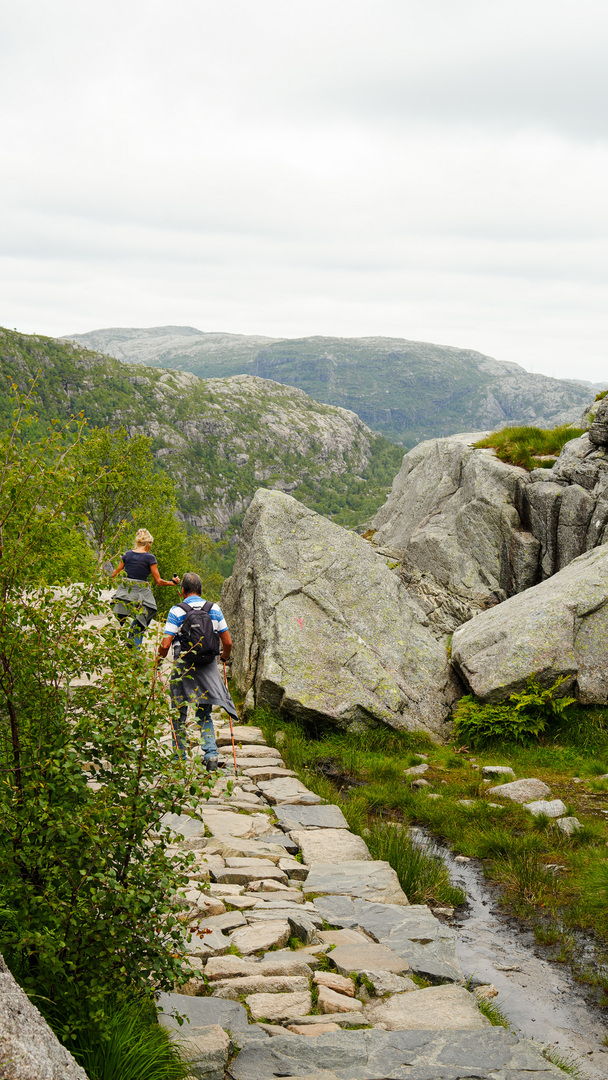 Two hikers trekking the scenic trail to Preikestolen, surrounded by lush green foliage and towering Norwegian mountains on a summer day.