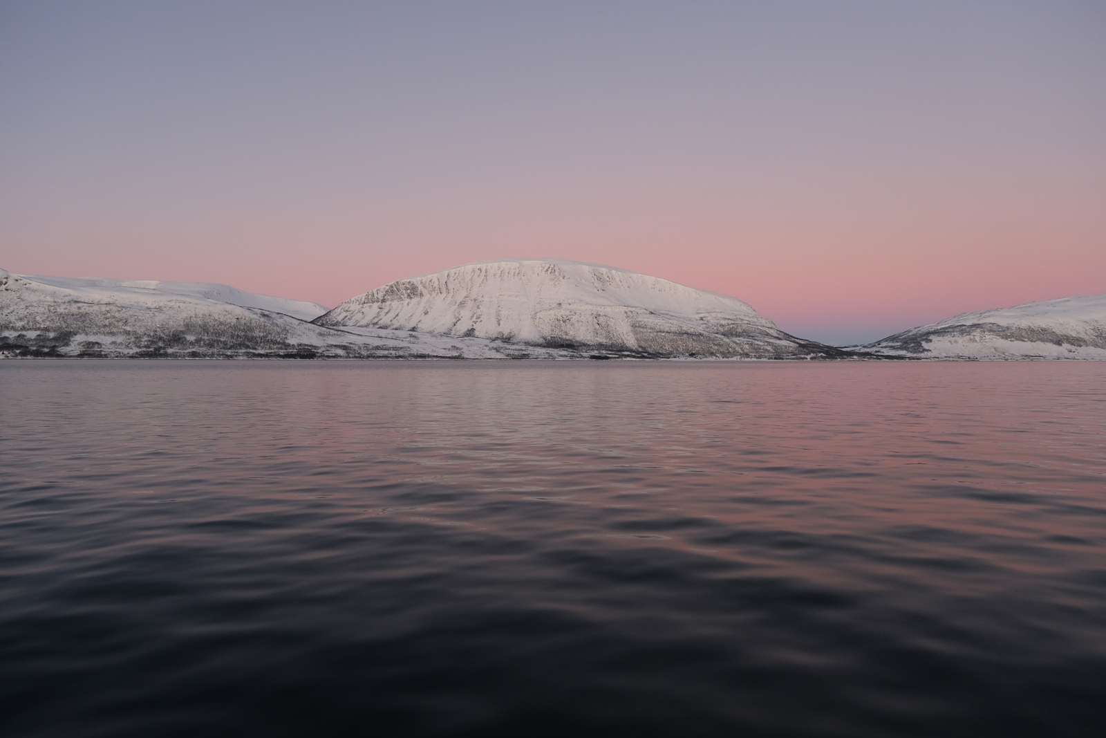 Pink and orange sky over Tromsø fjord at sunrise in the winter.