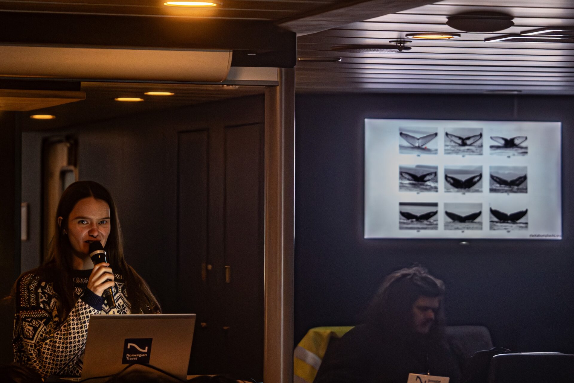 Guide inside the boat on a Tromsø whale watching boat tour from Tromsø, explaining whale species.