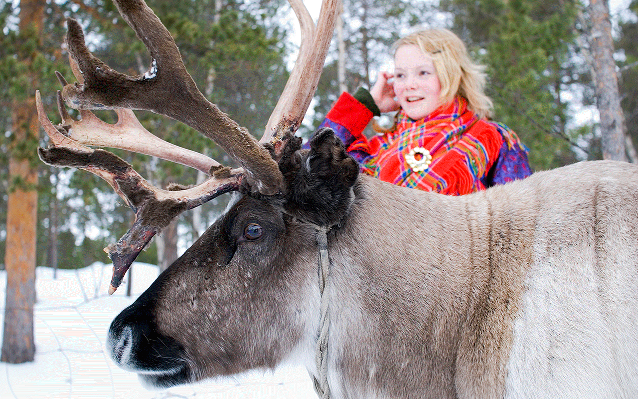 Sami woman in traditional gákti standing beside a reindeer during a cultural experience near Tromsø.